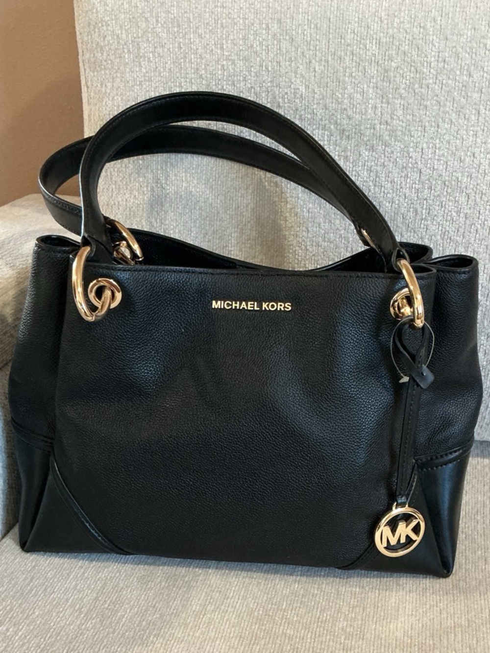 Michael Kors Nicole Large Black Leather Satchel with Gold Hardware